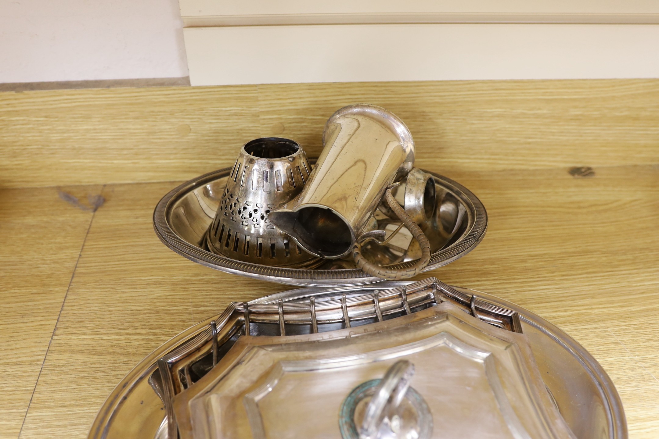 A silver sugar castor and sundry plated ware